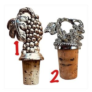 Pewter Vintage Cork Bottle Stopper Ornate Grape Leaf (pair of 2) Silver Tone